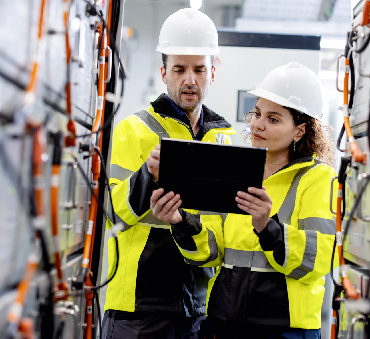 Team inspecting equipment with a tablet
